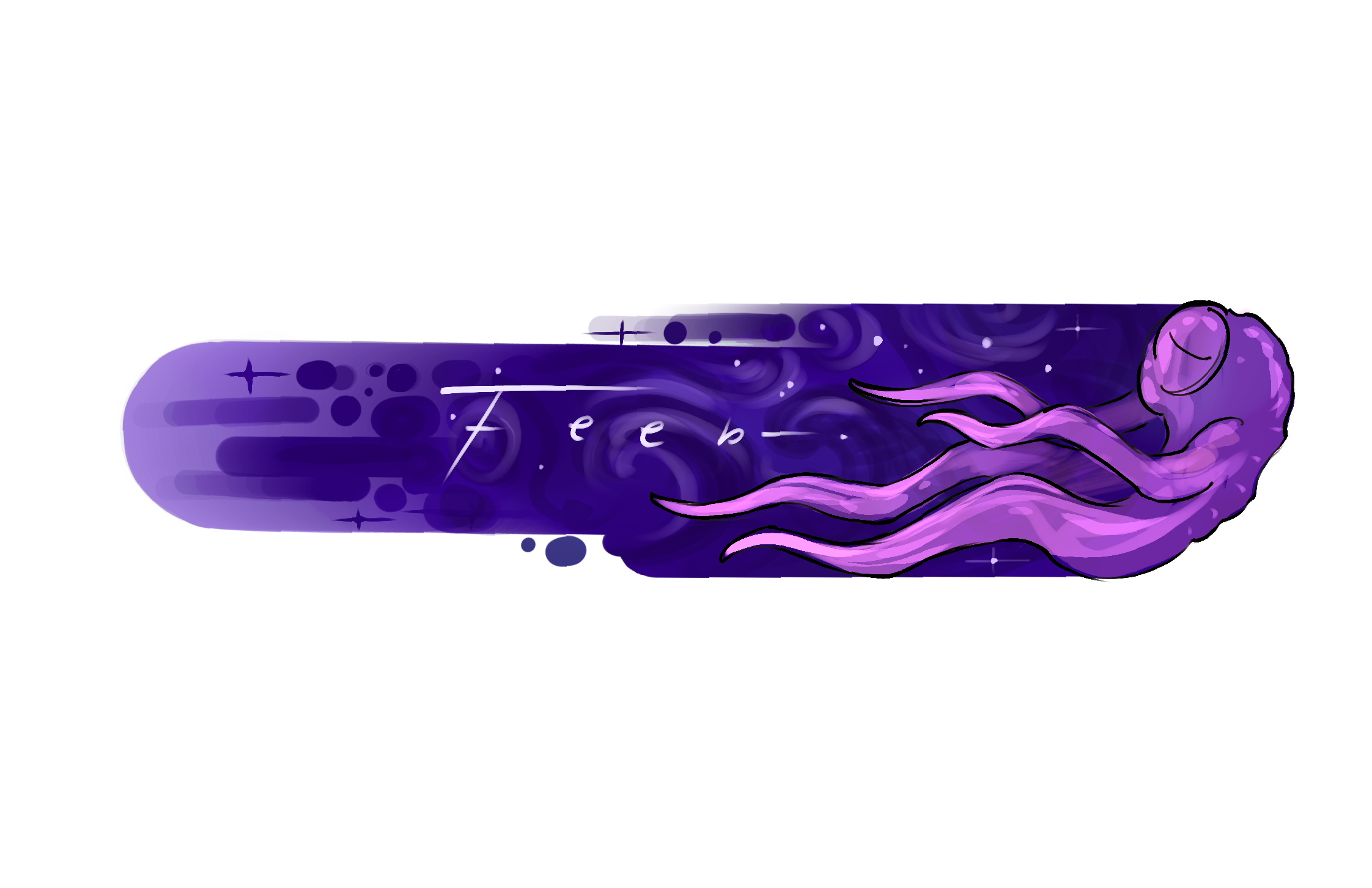 Purple illustration of Feeb drifting through space with the game’s handwritten title.