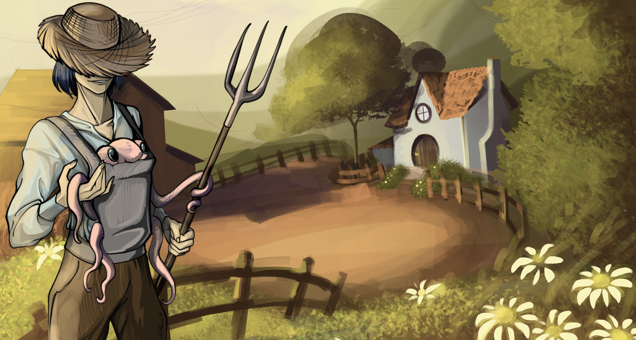 Feeb and the farmer illustrated beside a cottage in a sunlit countryside.
