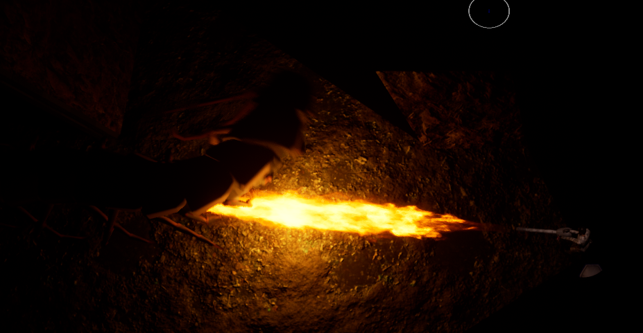 A flamethrower illuminating the dark rock of SCP: Abhorrent’s tunnels.